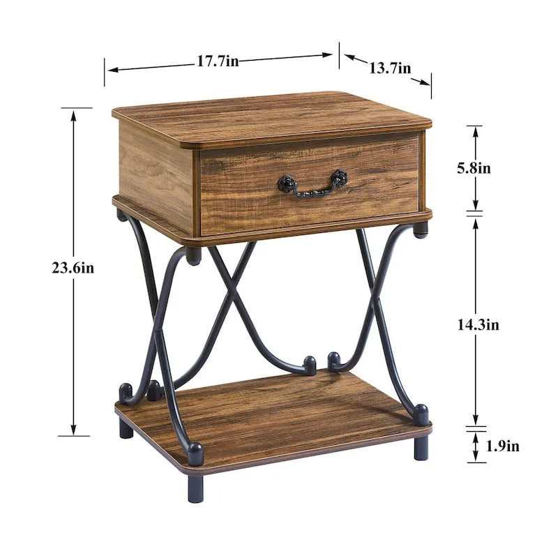 Modern 1-Drawer Nightstand with Storage Shelf, X-design End Side Table, Set of 2