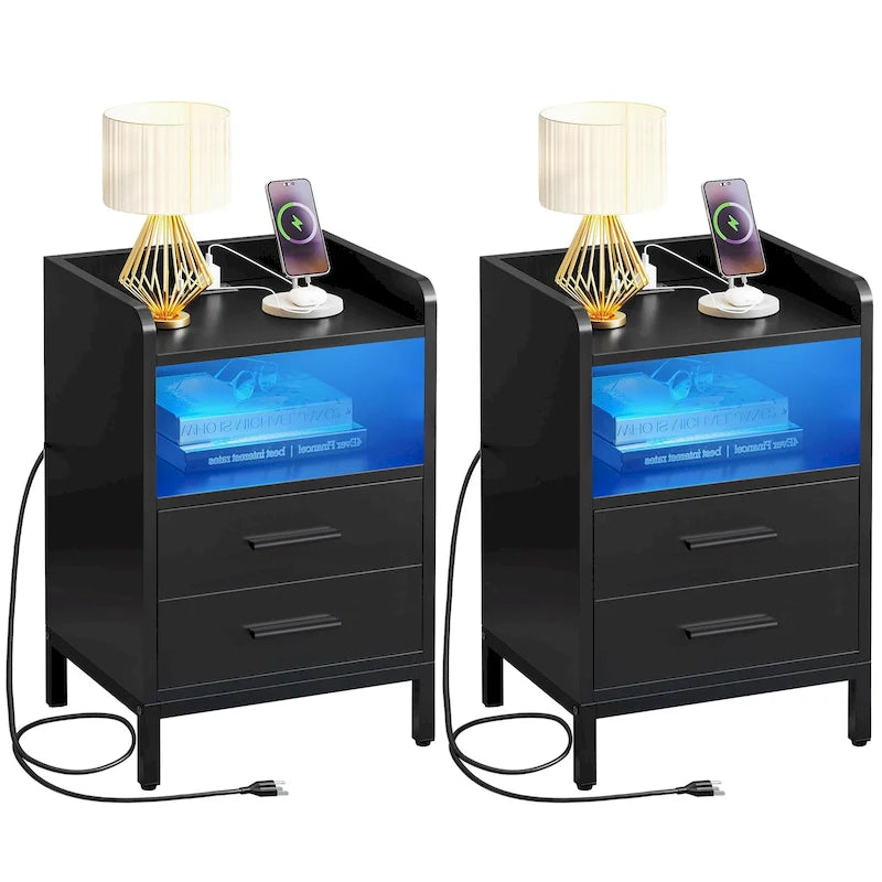 Set of 2 2-Drawers Nightstand with USB Charging Station for Bedroom Living Room