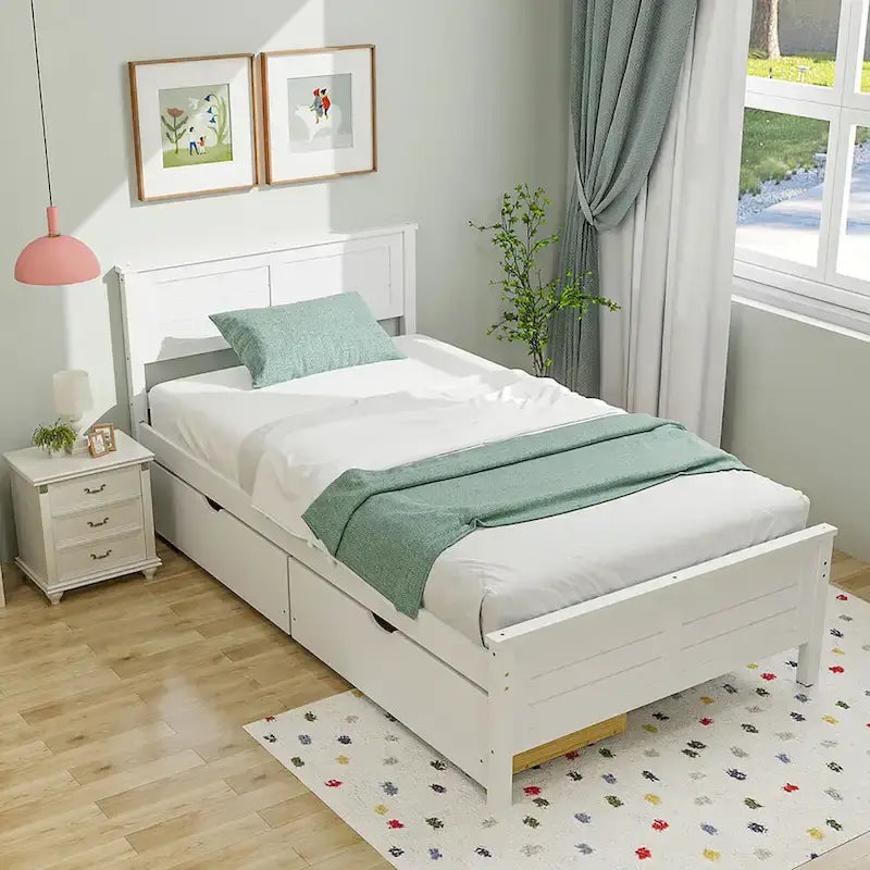  Twin/Full Size Wooden Bed Frame w/ 2 Storage Drawers & Under-bed