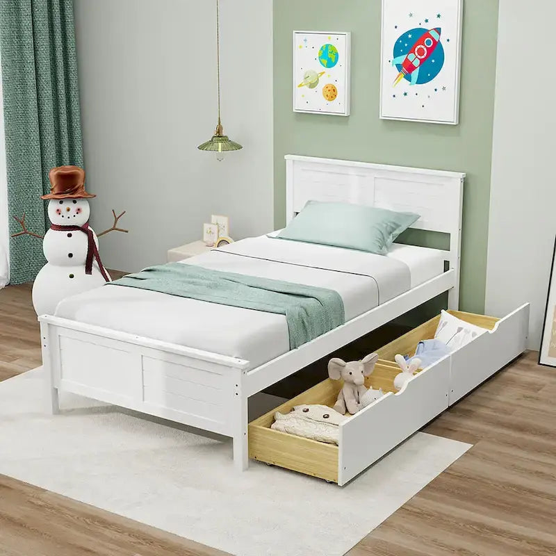 Twin/Full Size Wooden Bed Frame w/ 2 Storage Drawers & Under-bed