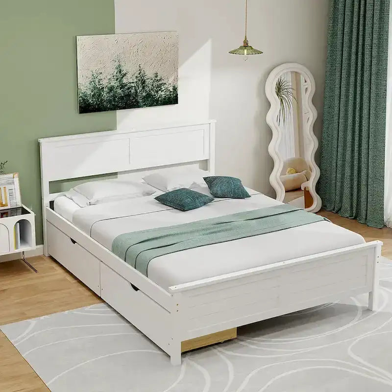 Twin/Full Size Wooden Bed Frame w/ 2 Storage Drawers & Under-bed