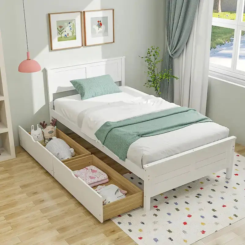 Twin/Full Size Wooden Bed Frame w/ 2 Storage Drawers & Under-bed