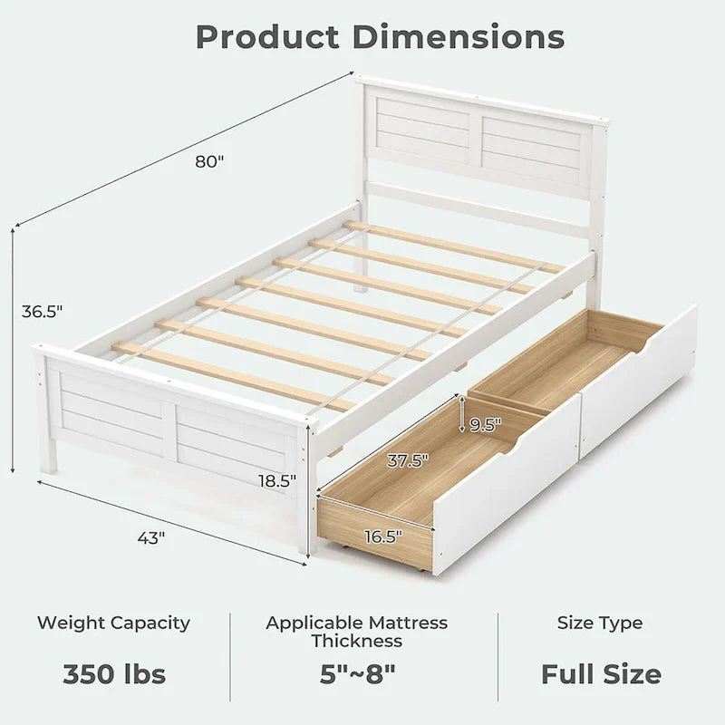 Twin/Full Size Wooden Bed Frame w/ 2 Storage Drawers & Under-bed