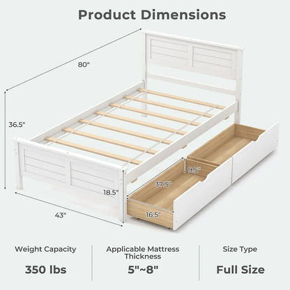 Twin/Full Size Wooden Bed Frame w/ 2 Storage Drawers & Under-bed