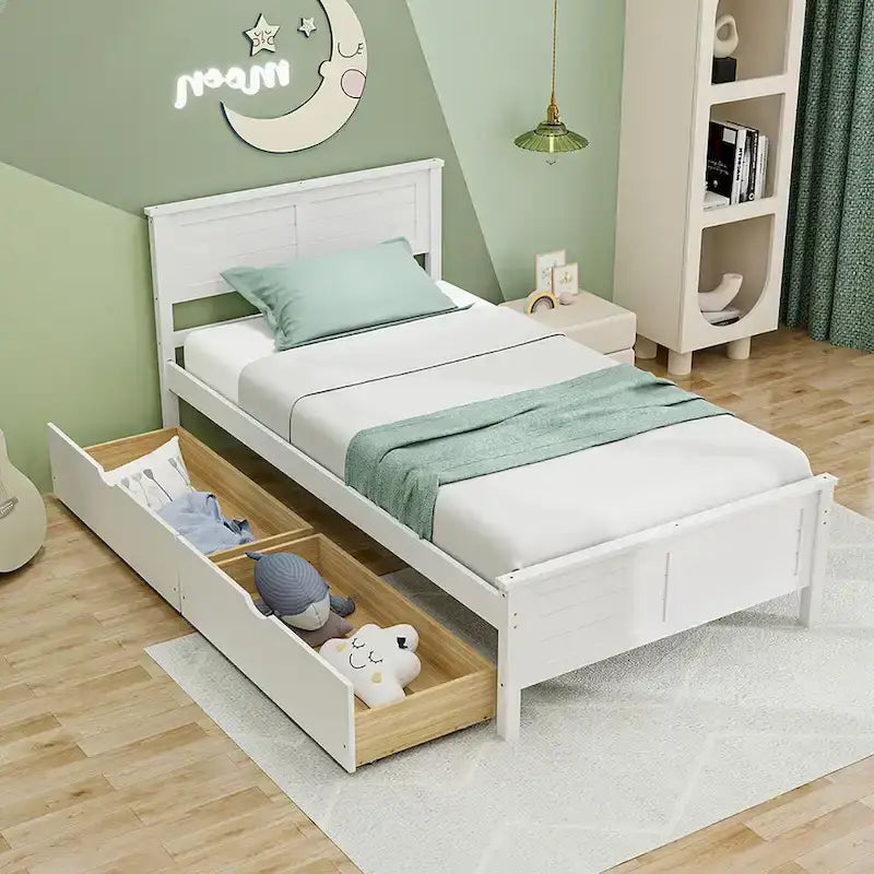 Twin/Full Size Wooden Bed Frame w/ 2 Storage Drawers & Under-bed
