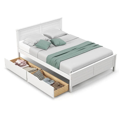 Twin/Full Size Wooden Bed Frame w/ 2 Storage Drawers & Under-bed