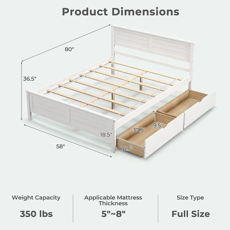 Twin/Full Size Wooden Bed Frame w/ 2 Storage Drawers & Under-bed