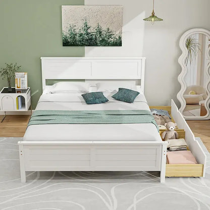 Twin/Full Size Wooden Bed Frame w/ 2 Storage Drawers & Under-bed