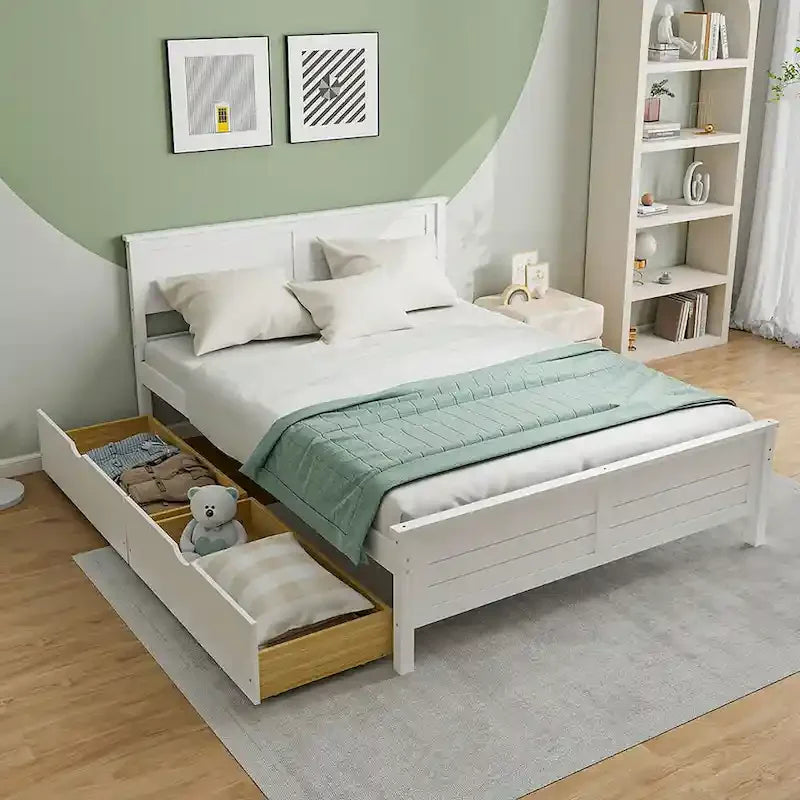 Twin/Full Size Wooden Bed Frame w/ 2 Storage Drawers & Under-bed