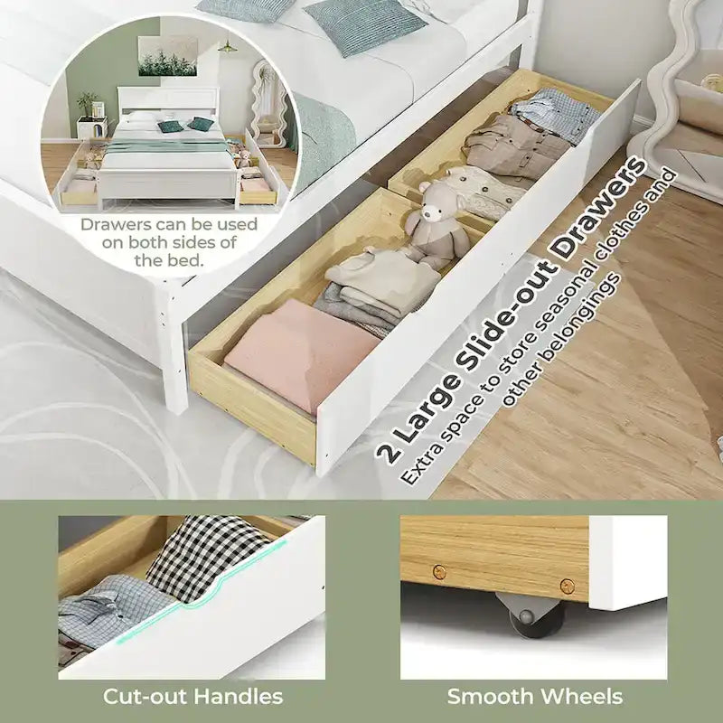 Twin/Full Size Wooden Bed Frame w/ 2 Storage Drawers & Under-bed