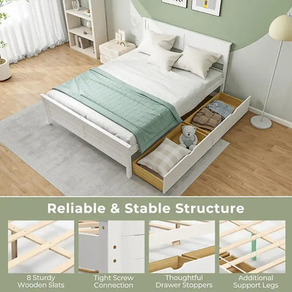 Twin/Full Size Wooden Bed Frame w/ 2 Storage Drawers & Under-bed