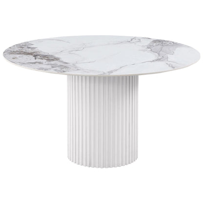  Round Dining Table with Reeded Base, White Sintered Stone 53 Inch