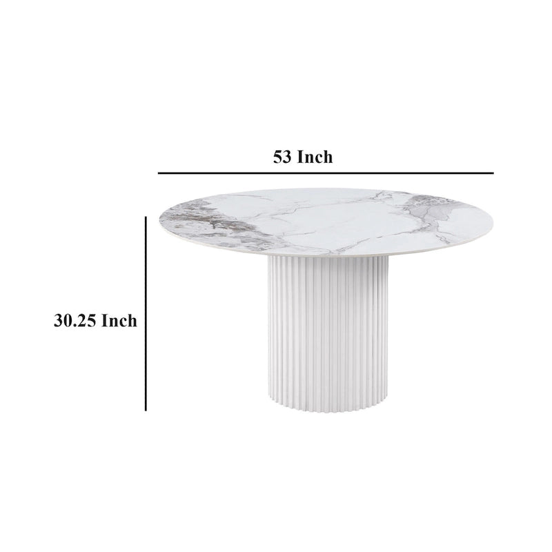 Round Dining Table with Reeded Base, White Sintered Stone 53 Inch