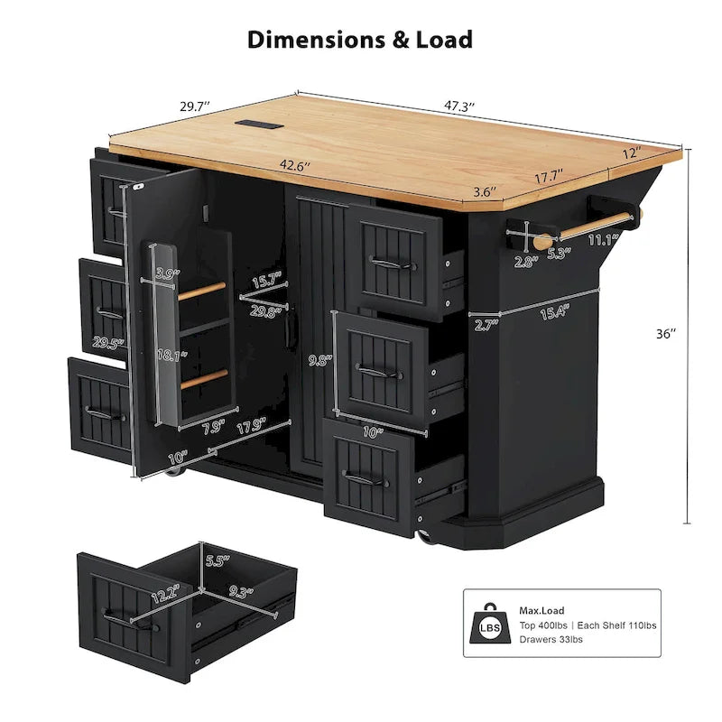 56 Inch Kitchen Island With Rubber Wood Veneer Drop Leaf(no include stool)
