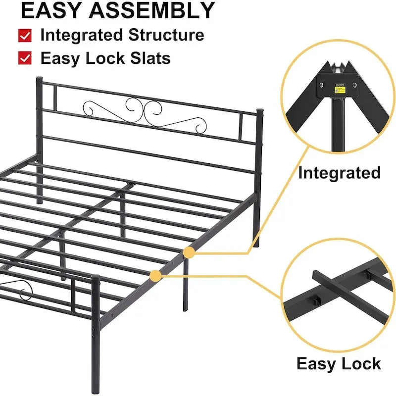 Modern Platform Bed Frame with Premium Graceful Scroll Headboard Twin/Full/Queen