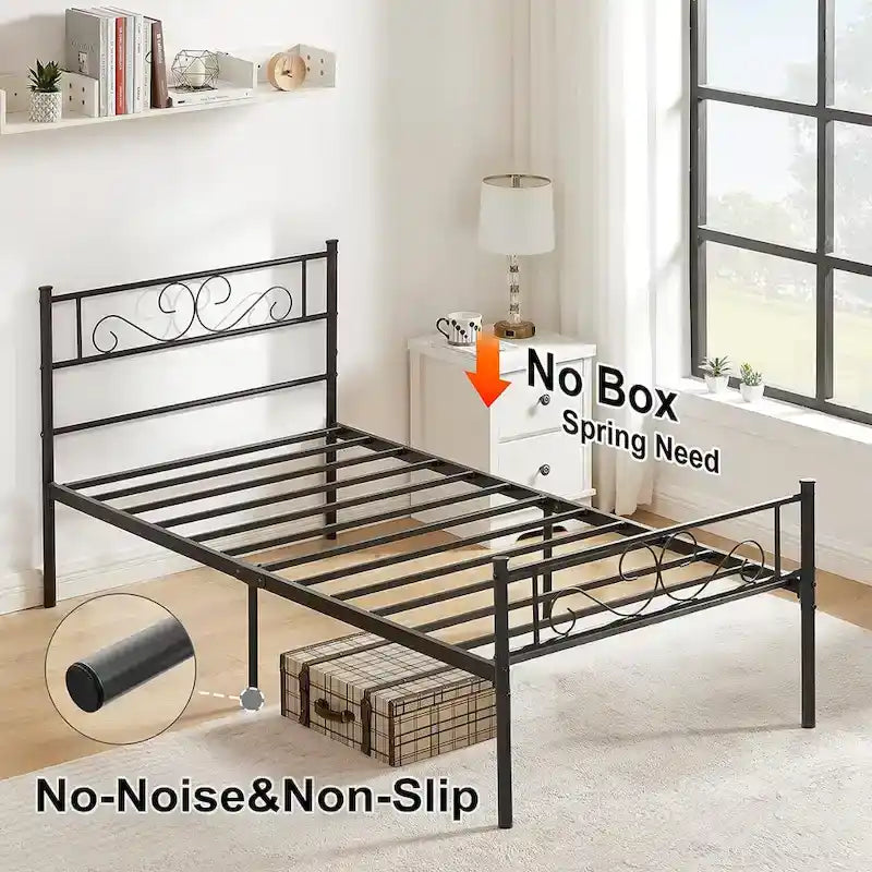 Modern Platform Bed Frame with Premium Graceful Scroll Headboard Twin/Full/Queen