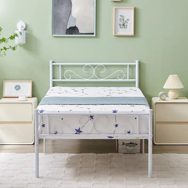 Modern Platform Bed Frame with Premium Graceful Scroll Headboard Twin/Full/Queen