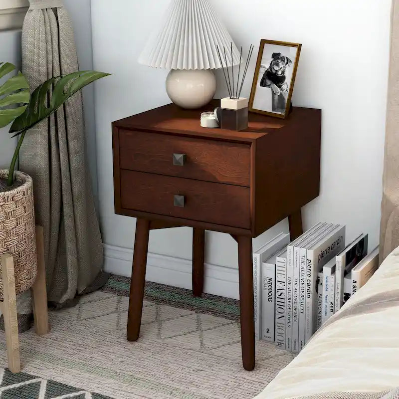 Mid-Century Modern Wood 2-Drawer Compact Nightstand Side Table