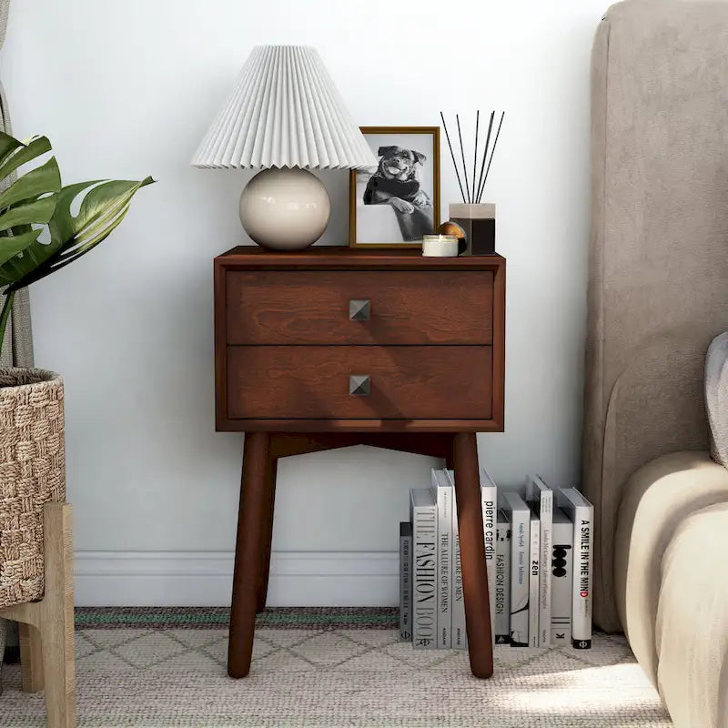 Mid-Century Modern Wood 2-Drawer Compact Nightstand Side Table
