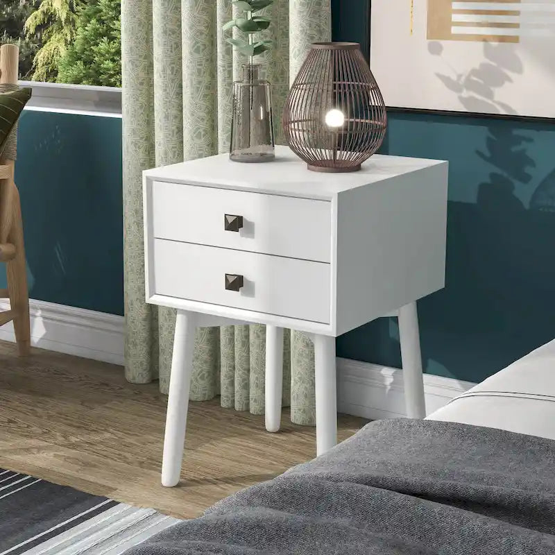 Mid-Century Modern Wood 2-Drawer Compact Nightstand Side Table