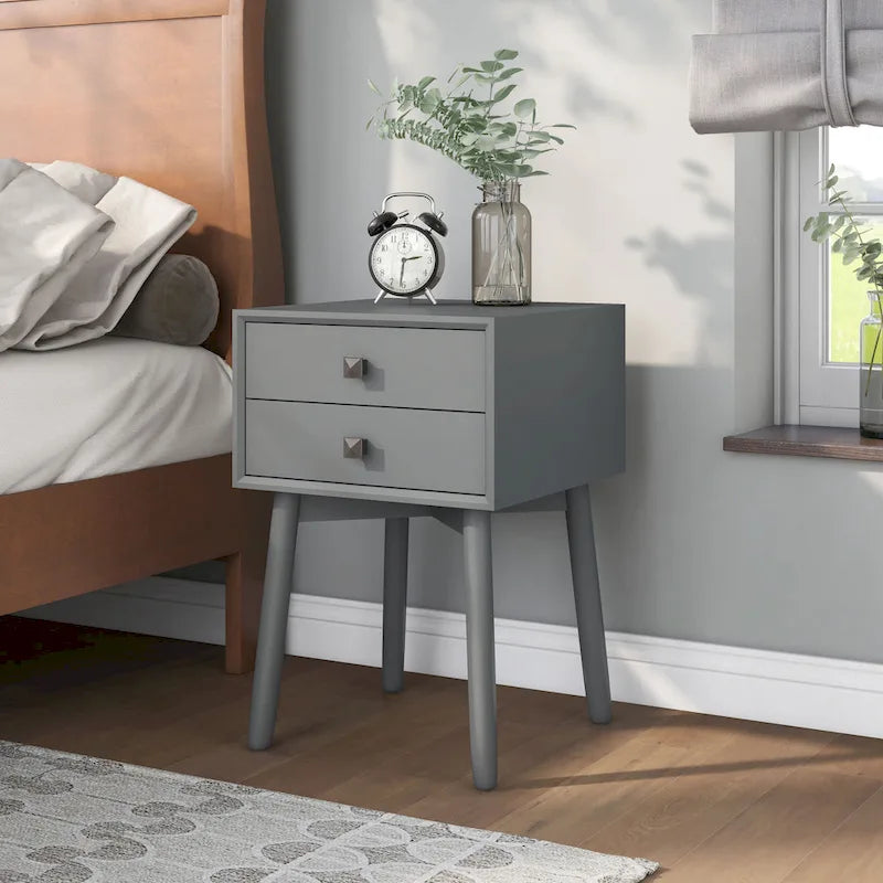 Mid-Century Modern Wood 2-Drawer Compact Nightstand Side Table