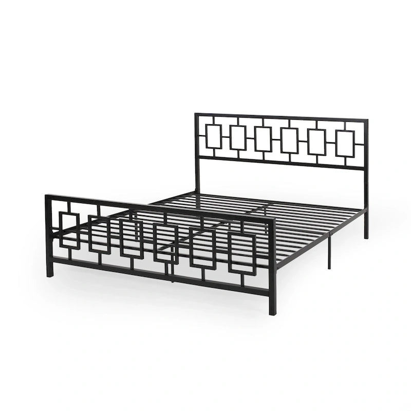 Iron King-Size Platform Bed Frame with Geometric Headboard