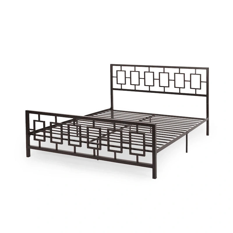 Iron King-Size Platform Bed Frame with Geometric Headboard