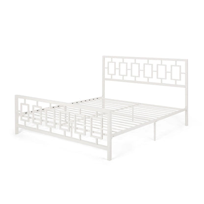 Iron King-Size Platform Bed Frame with Geometric Headboard