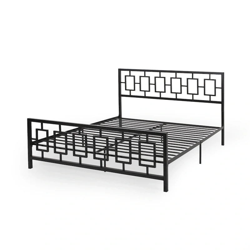 Iron King-Size Platform Bed Frame with Geometric Headboard