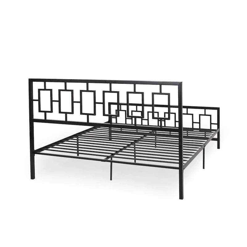 Iron King-Size Platform Bed Frame with Geometric Headboard