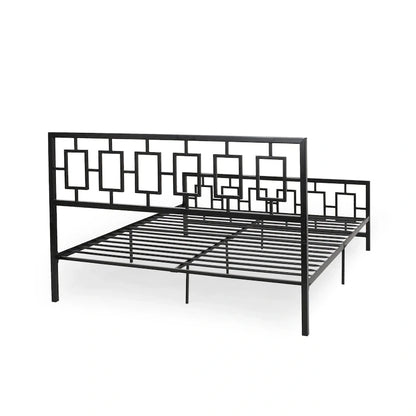 Iron King-Size Platform Bed Frame with Geometric Headboard