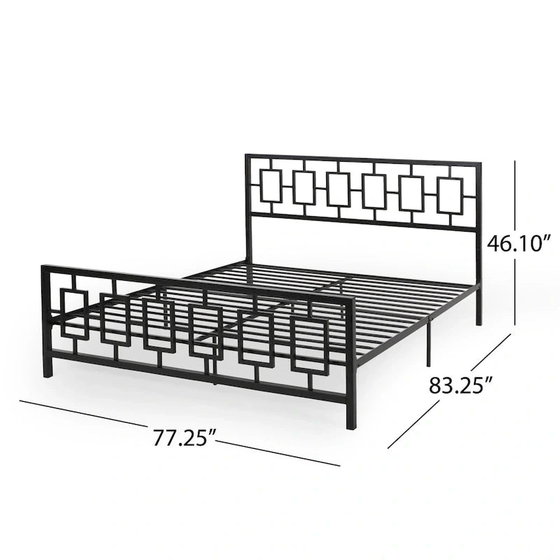 Iron King-Size Platform Bed Frame with Geometric Headboard