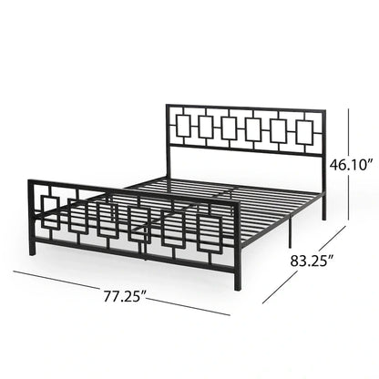 Iron King-Size Platform Bed Frame with Geometric Headboard