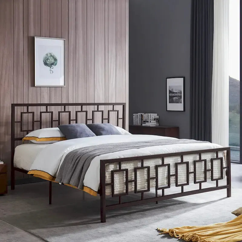 Iron King-Size Platform Bed Frame with Geometric Headboard