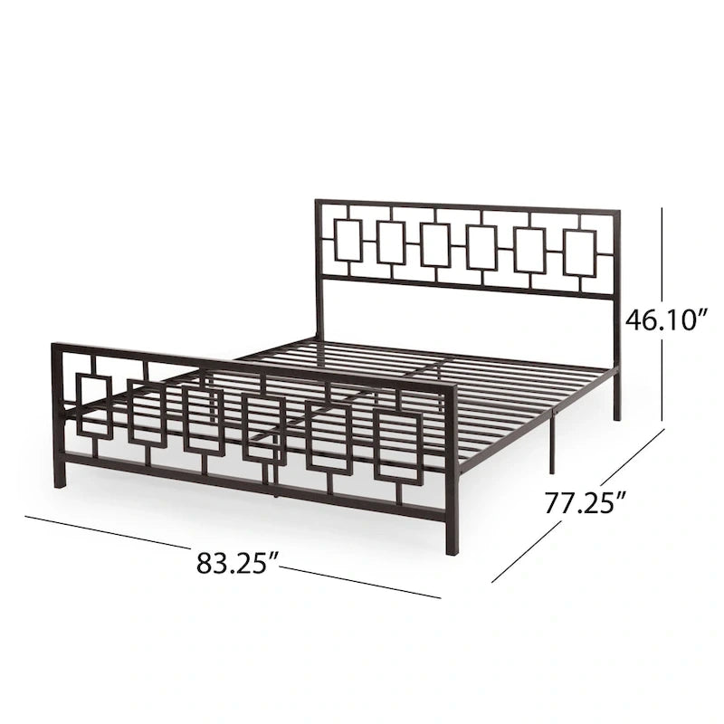 Iron King-Size Platform Bed Frame with Geometric Headboard