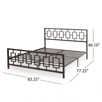 Iron King-Size Platform Bed Frame with Geometric Headboard