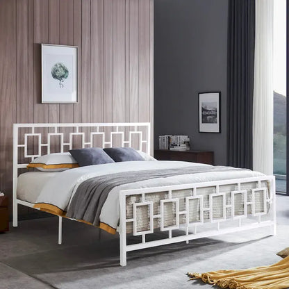 Iron King-Size Platform Bed Frame with Geometric Headboard