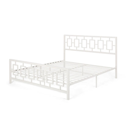 Iron King-Size Platform Bed Frame with Geometric Headboard