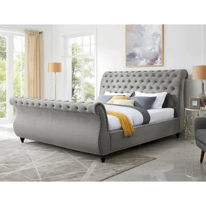  Furniture Evora Grey Velvet Button-tufted Sleigh Bed