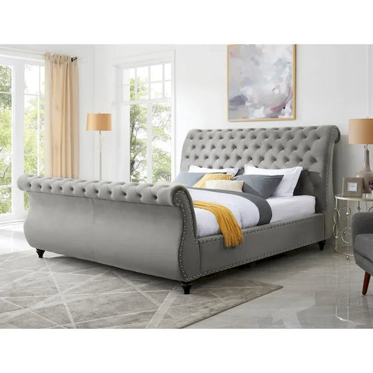  Furniture Evora Grey Velvet Button-tufted Sleigh Bed