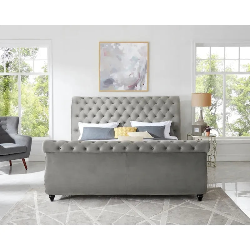 Grey Velvet Button-Tufted Sleigh Bed