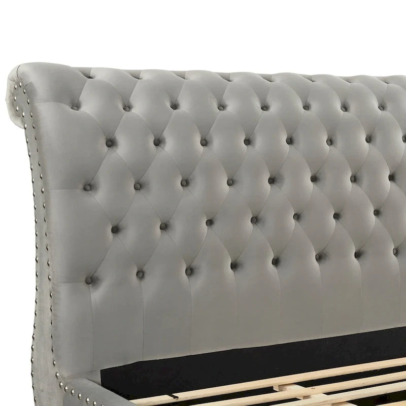 Grey Velvet Button-Tufted Sleigh Bed