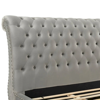 Grey Velvet Button-Tufted Sleigh Bed