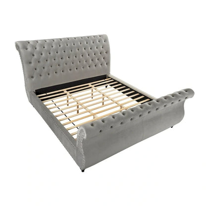 Grey Velvet Button-Tufted Sleigh Bed
