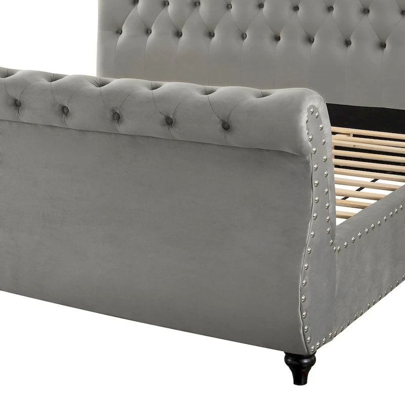 Grey Velvet Button-Tufted Sleigh Bed