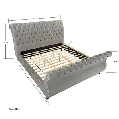 Grey Velvet Button-Tufted Sleigh Bed