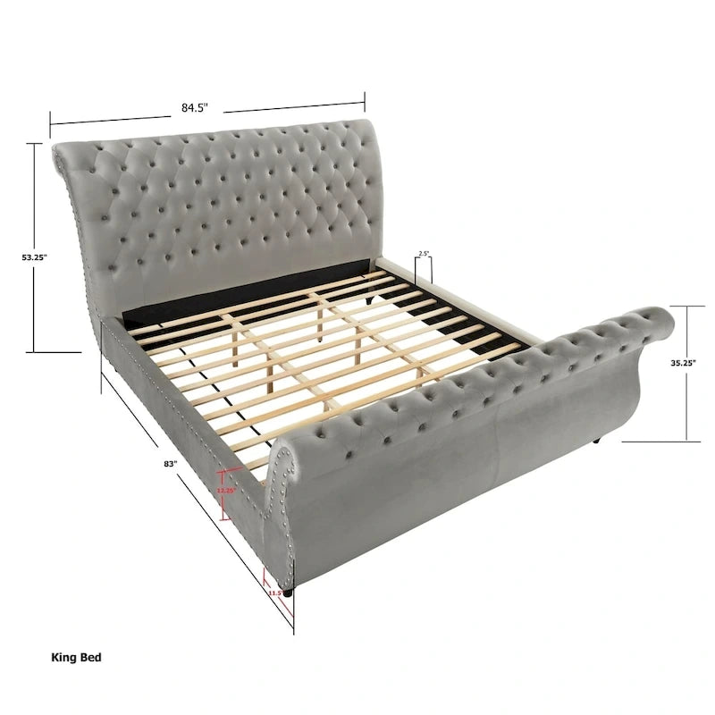 Grey Velvet Button-Tufted Sleigh Bed