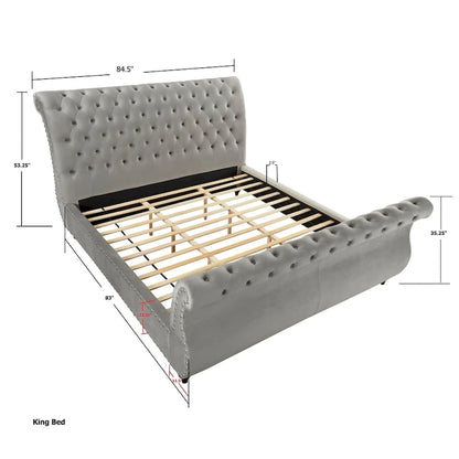 Grey Velvet Button-Tufted Sleigh Bed