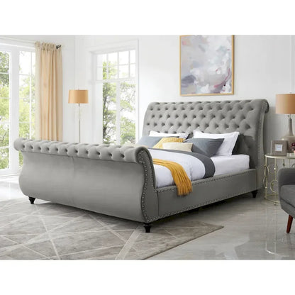Grey Velvet Button-Tufted Sleigh Bed