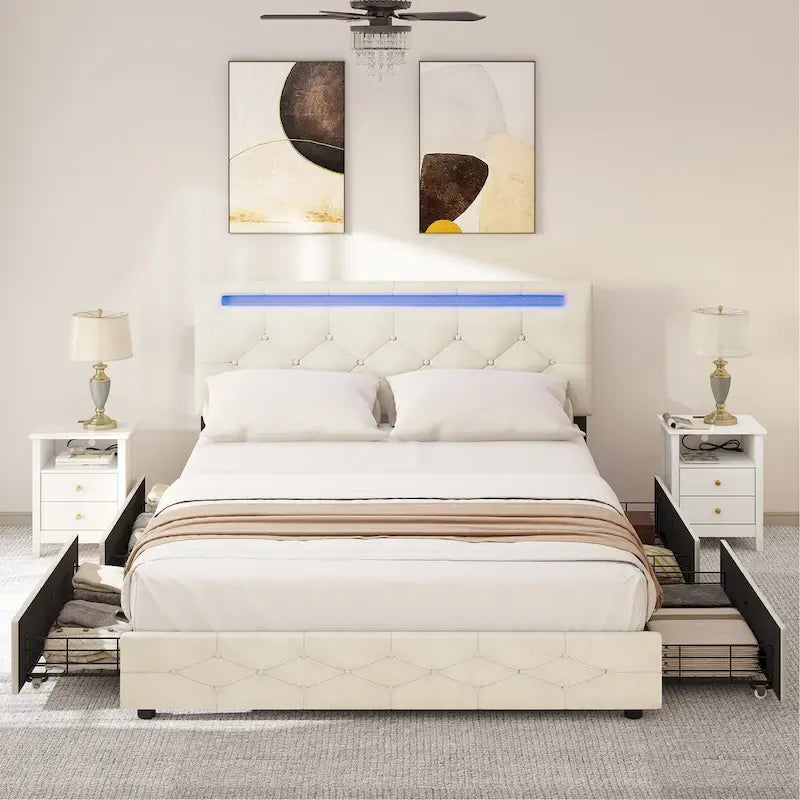 Queen Adjustable Upholstered Headboard Platform Bed Led Bed Frame with 4 Storage Drawers